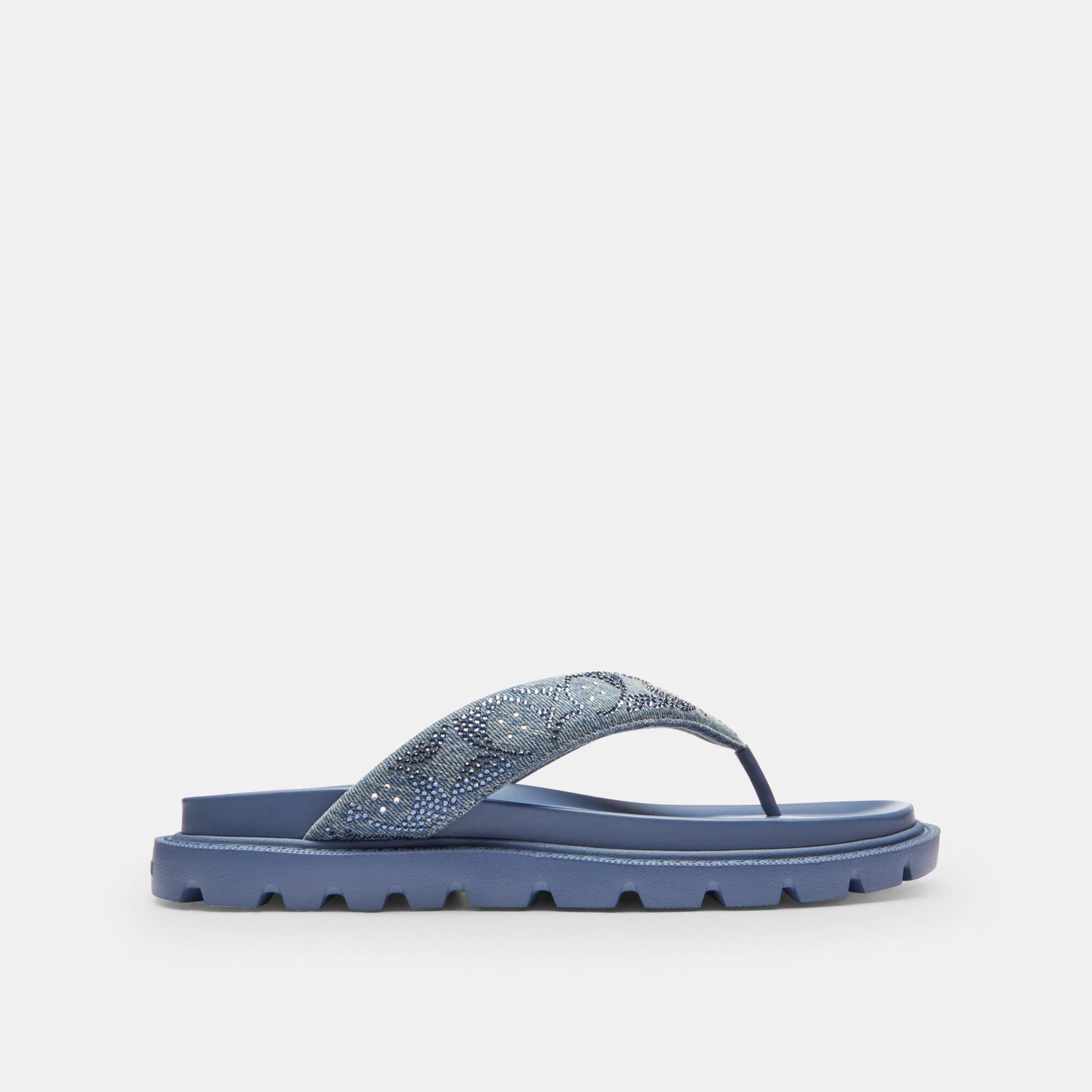 COACH®,Brynn Thong Sandal In Crystal Signature Denim,Blue,Angle View