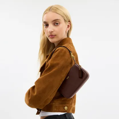 COACH®,Plaza Bag 18,Leather,Shoulder Bag,Compact,Lined,Adjustable,Brass,Gold Metal,Day Party,Brown,Detail View
