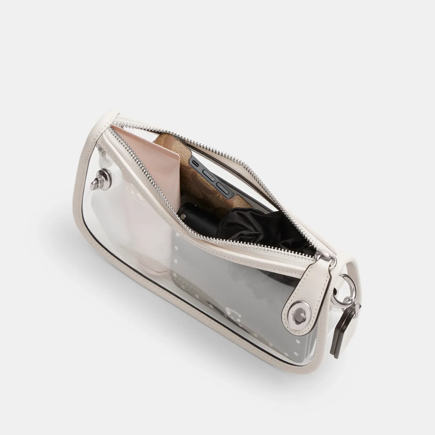 COACH®,Stadium Swinger Bag,Leather,Shoulder Bag,Sheer,Piping,Applique,Casual,White,Inside View,Top View