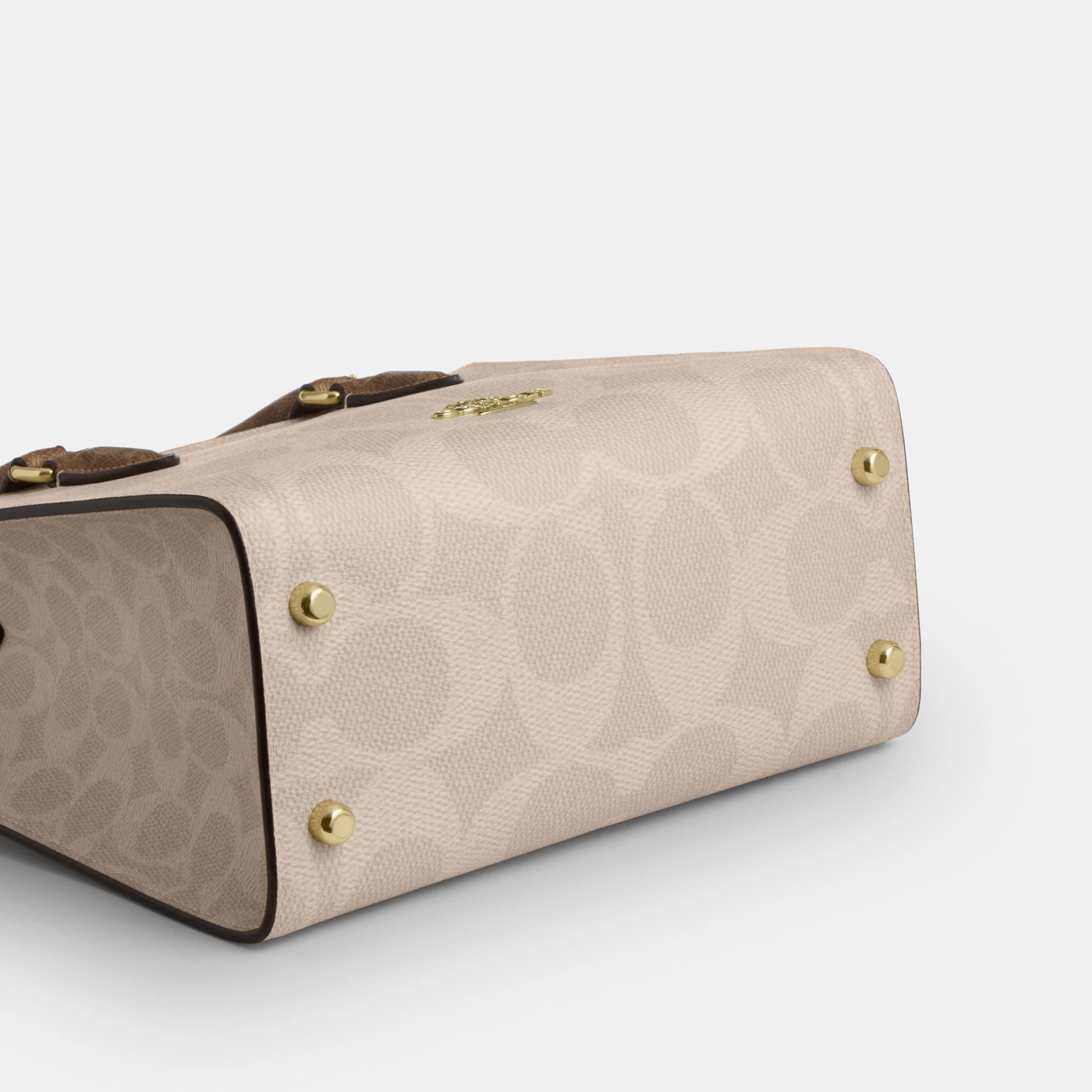 COACH®,Maggie Small Tote Bag In Blocked Signature Canvas,Leather,Canvas,Satchel,Casual,Beige,Outsole View