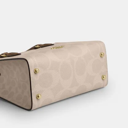 COACH®,Maggie Small Tote Bag In Blocked Signature Canvas,Leather,Canvas,Satchel,Casual,Beige,Outsole View