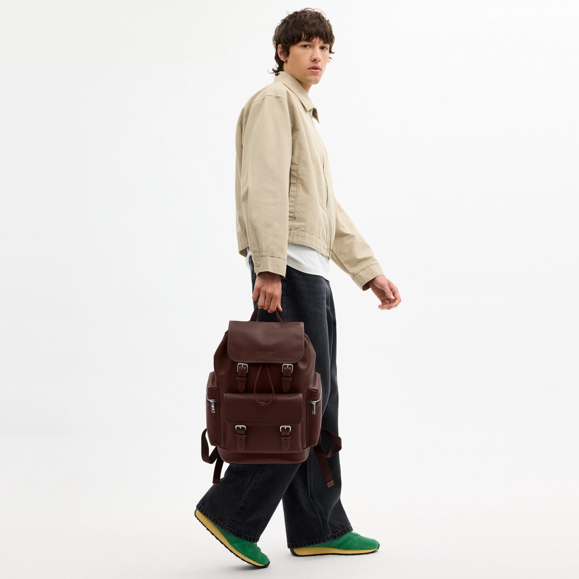 COACH®,Sprint Backpack,Recycled Polyester,Leather,Backpack,Logo,Adjustable,Padded Back Panel,Sustainable,Suitcase Sleeve,S...,Brown,Detail View