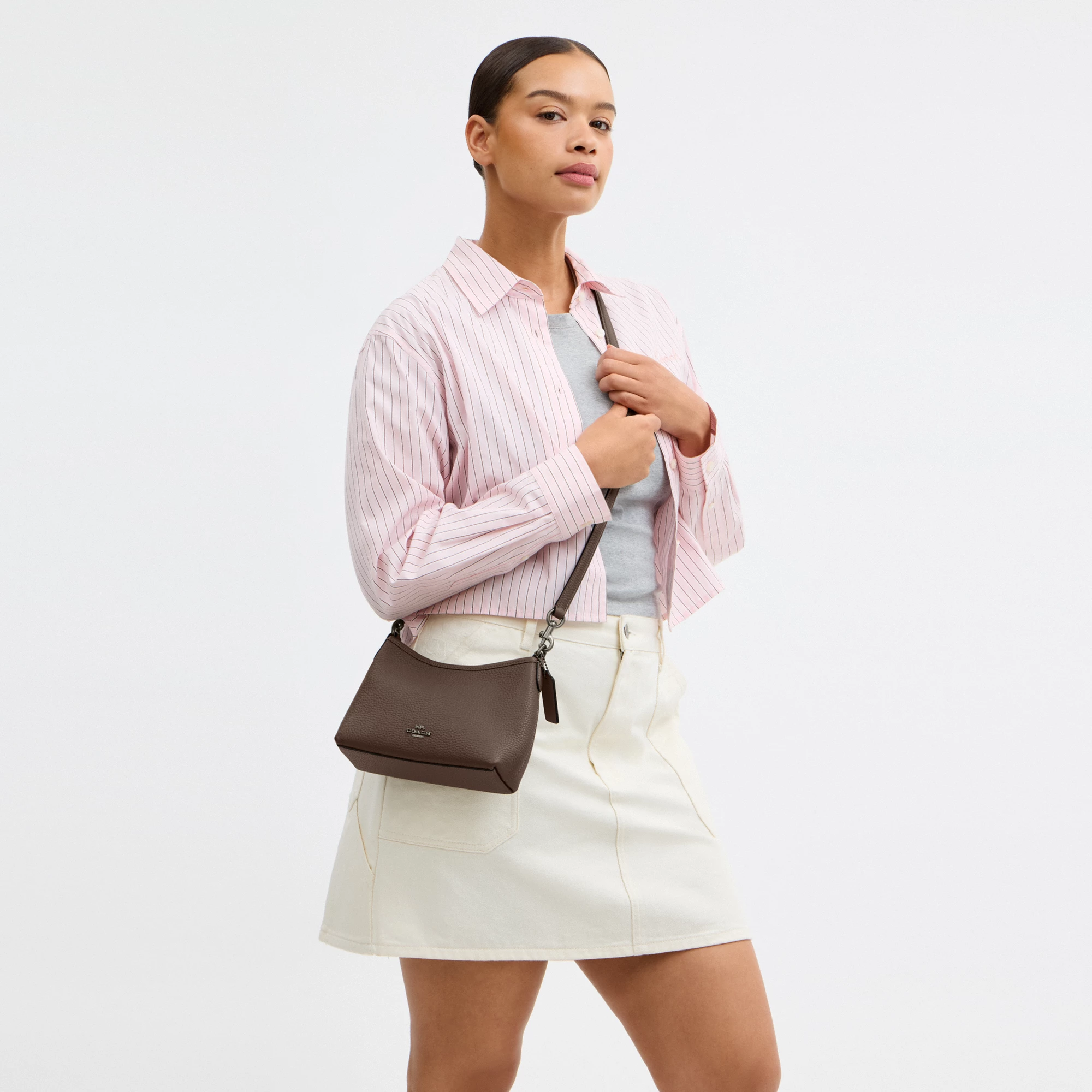 COACH®,Laurel Small Shoulder Bag,Leather,Shoulder Bag,Metal,Logo,Gold Metal,Casual,Brown
