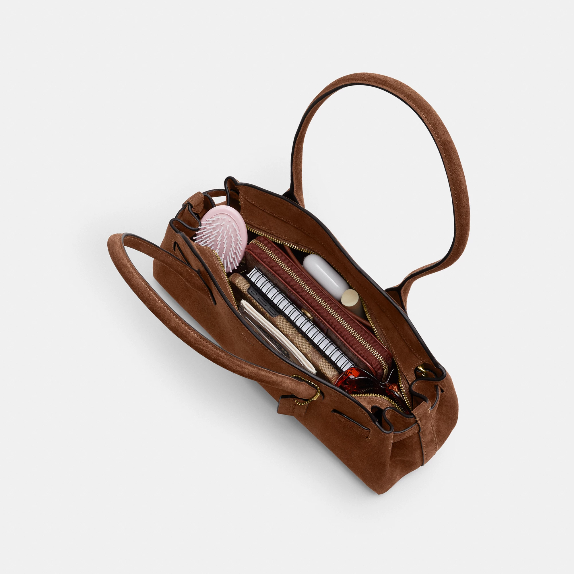 COACH®,Empire Carryall Bag 34,Suede,Shoulder Bag,Logo,Brass,Casual,Brown,Inside View,Top View
