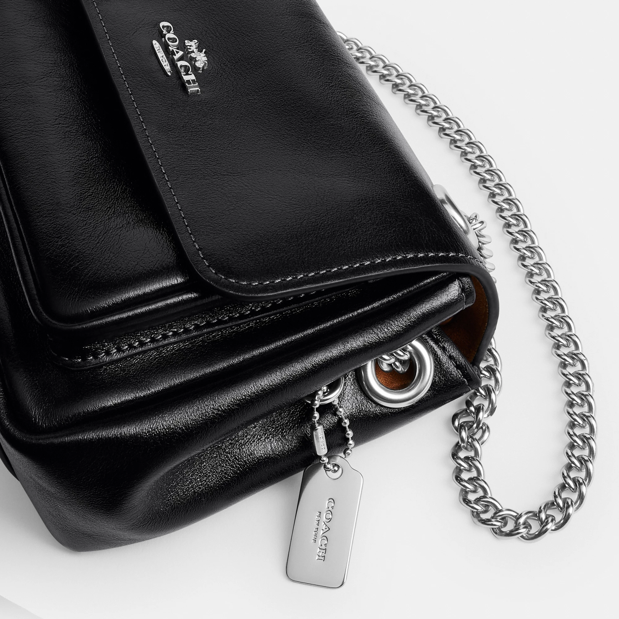 COACH®,Elodie Crossbody Bag 18,Leather,Recycled Polyester,Crossbody,Logo,Sustainable,Adjustable,Silver Metal,Casual,Black,Closer View