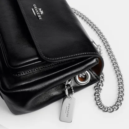 COACH®,Elodie Crossbody Bag 18,Leather,Recycled Polyester,Crossbody,Logo,Sustainable,Adjustable,Silver Metal,Casual,Black,Closer View