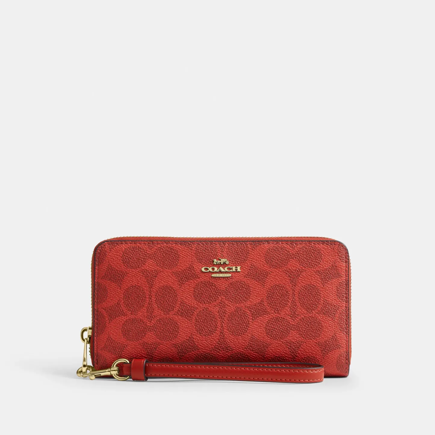 COACH®,Long Zip Around Wallet In Signature Canvas,Continental,Coin,Sustainable,Casual,Red,Front View