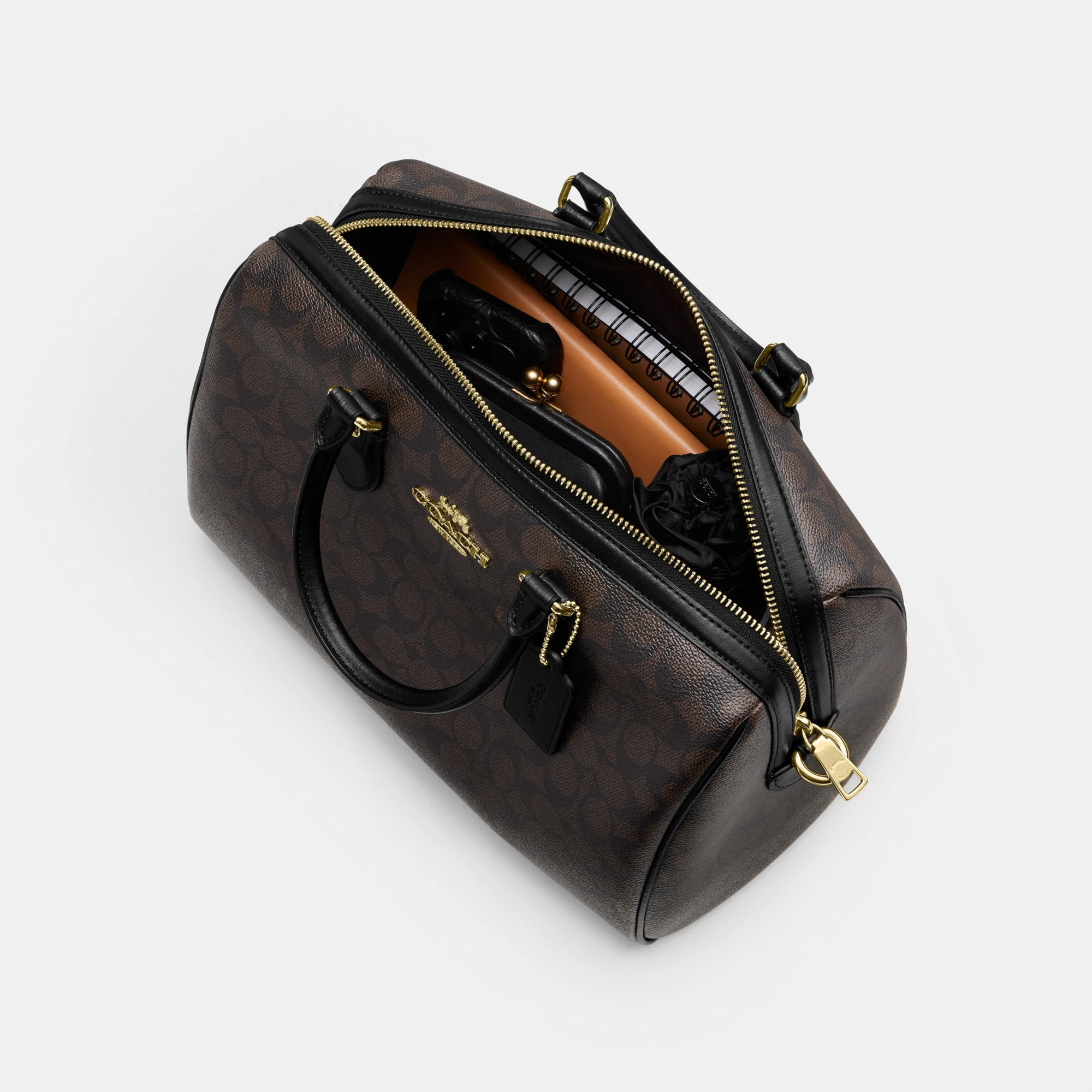 COACH®,Rowan Large Satchel Bag In Signature Canvas,Polyester,Leather,Canvas,Recycled Polyester,Satchel,Logo,Sustainable,Ad...,Brown,Inside View,Top View