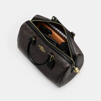 COACH®,Rowan Large Satchel Bag In Signature Canvas,Polyester,Leather,Canvas,Recycled Polyester,Satchel,Logo,Sustainable,Ad...,Brown,Inside View,Top View