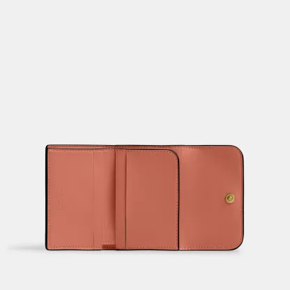 COACH®,Essential Card Holder Wallet,Leather,Calfskin Leather,Card Case,Bi Fold,Logo,Metal,Casual,Brown,Inside View,Top View