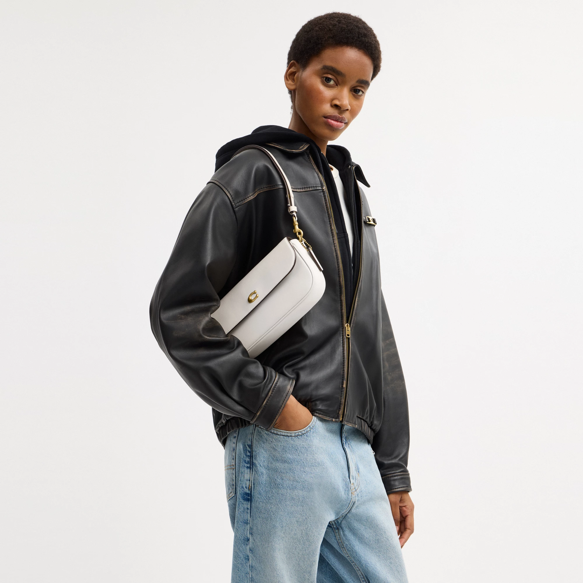 COACH®,Brook Flap Chain Bag,Calfskin Leather,Leather,Fabric,Shoulder Bag,Logo,Metal,Compact,Adjustable,Shoulder Guard,Gold...,White,Detail View