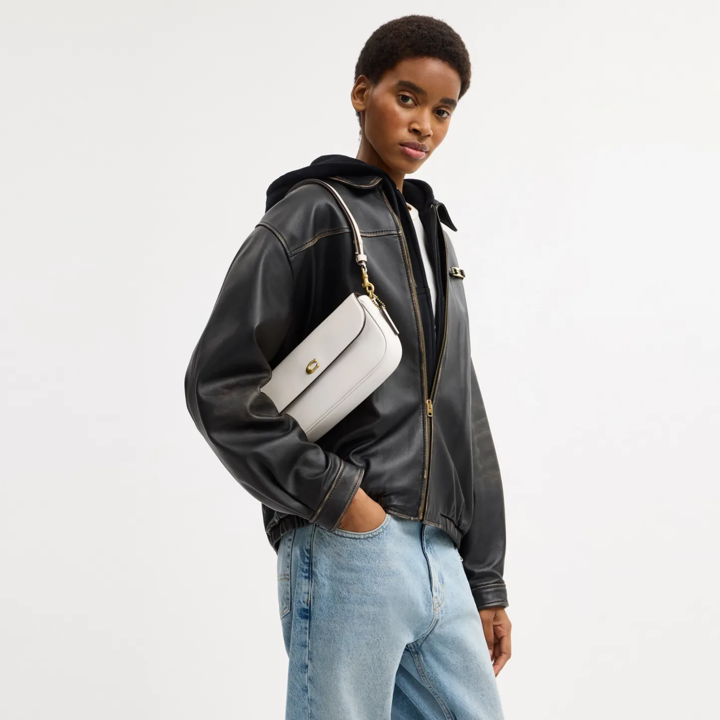 COACH®,Brook Flap Chain Bag,Calfskin Leather,Leather,Fabric,Shoulder Bag,Logo,Metal,Compact,Adjustable,Shoulder Guard,Gold...,White,Detail View