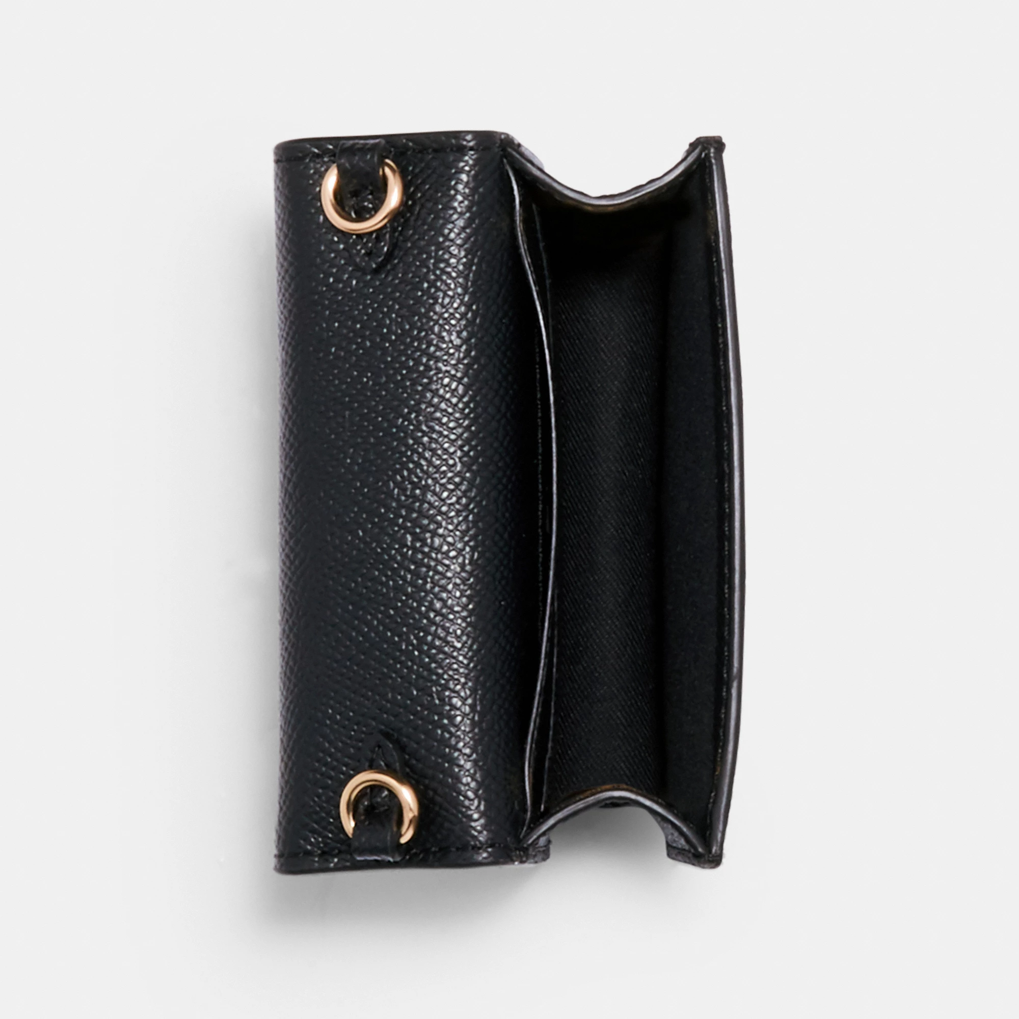 COACH®,Mini Wallet On A Chain,Leather,Crossbody,Gold Metal,Casual,Black,Inside View,Top View