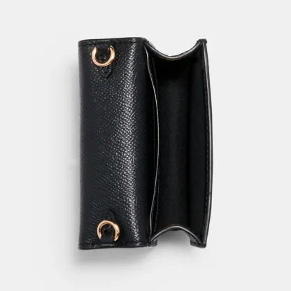 COACH®,Mini Wallet On A Chain,Leather,Crossbody,Gold Metal,Casual,Black,Inside View,Top View
