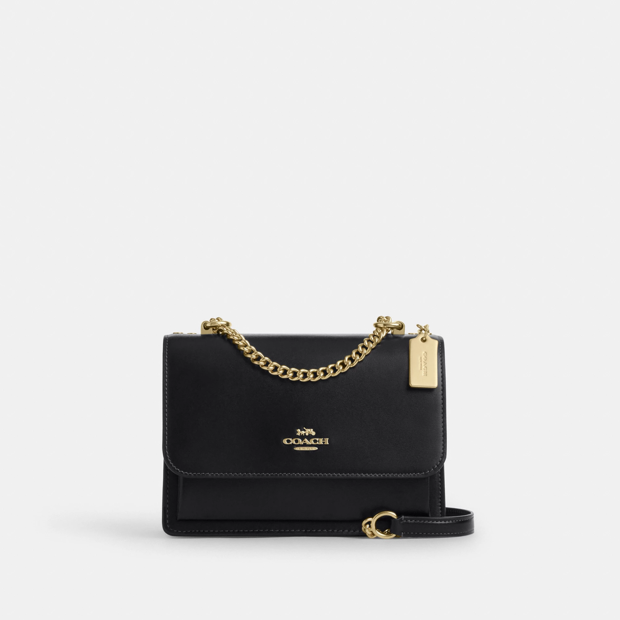 COACH®,Klare Crossbody Bag,Calfskin Leather,Leather,Crossbody,Metal,Logo,Luggage Tag,Adjustable,Lined,Compact,Gold Metal,D...,Black,Front View
