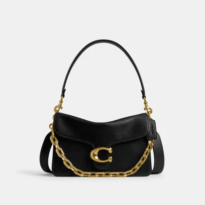 COACH®,Chain Tabby Shoulder Bag,Leather,Shoulder Bag,Logo,Metal,Brass,Day Party,Black,Front View