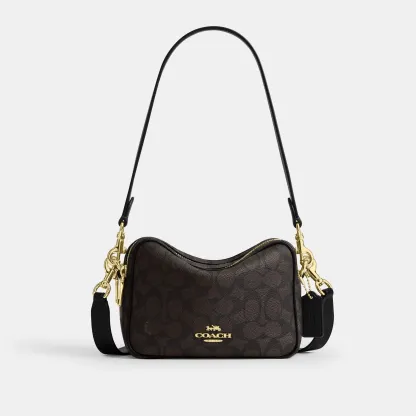 COACH®,Mini Carey Crossbody Bag In Signature Canvas,Polyester,Leather,Canvas,Crossbody,Metal Material,Logo,Metal,Piping,Pe...,Brown,Front View