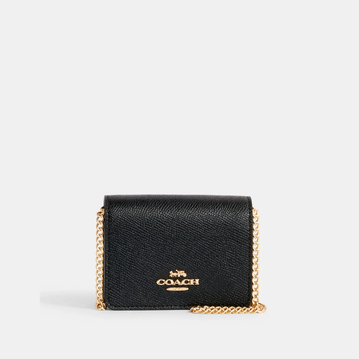 COACH®,Mini Wallet On A Chain,Leather,Crossbody,Gold Metal,Casual,Black,Front View
