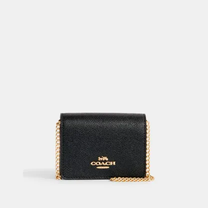 COACH®,Mini Wallet On A Chain,Leather,Crossbody,Gold Metal,Casual,Black,Front View