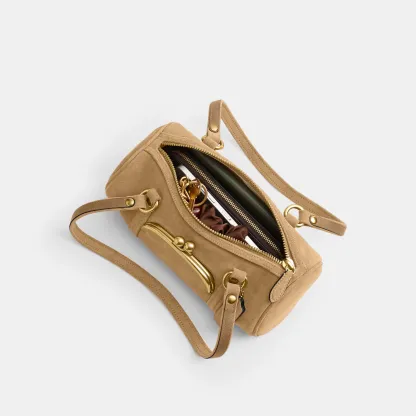 COACH®,Kisslock Barrel Bag 28,Lining Cotton,Suede,Leather,Barrel Bag,Pendant,Sustainable,Compact,Brass,Day Party,Beige,Inside View,Top View