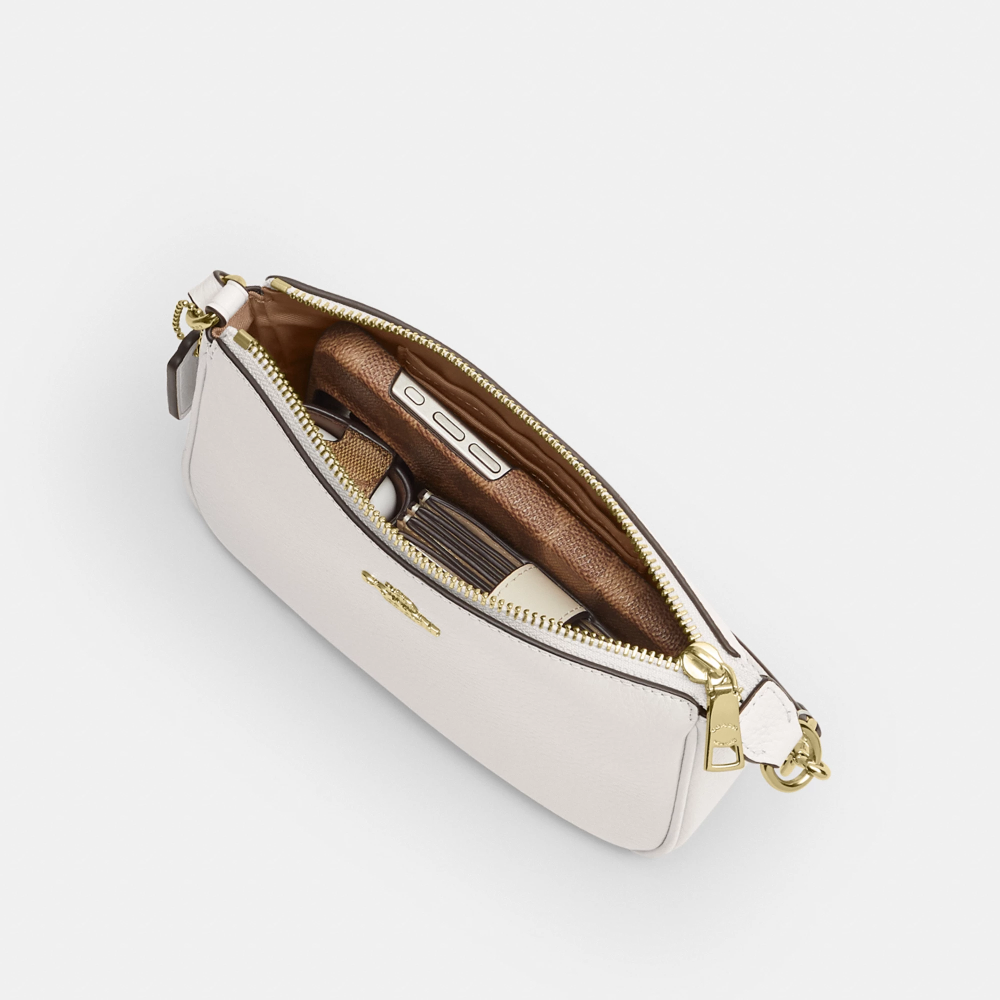COACH®,Nolita 19,Leather,Pouch,Wristlet,Metal,Logo,Gold Metal,Casual,White,Inside View,Top View