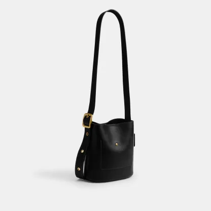 COACH®,Bleecker Bucket Bag 21,Leather,Bucket,Adjustable,Compact,Removable Pouch,Gold Metal,Casual,Black,Angle View