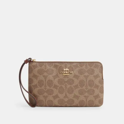 COACH®,Large Corner Zip Wristlet In Signature Canvas,Canvas,Wristlet,Casual,Brown,Front View