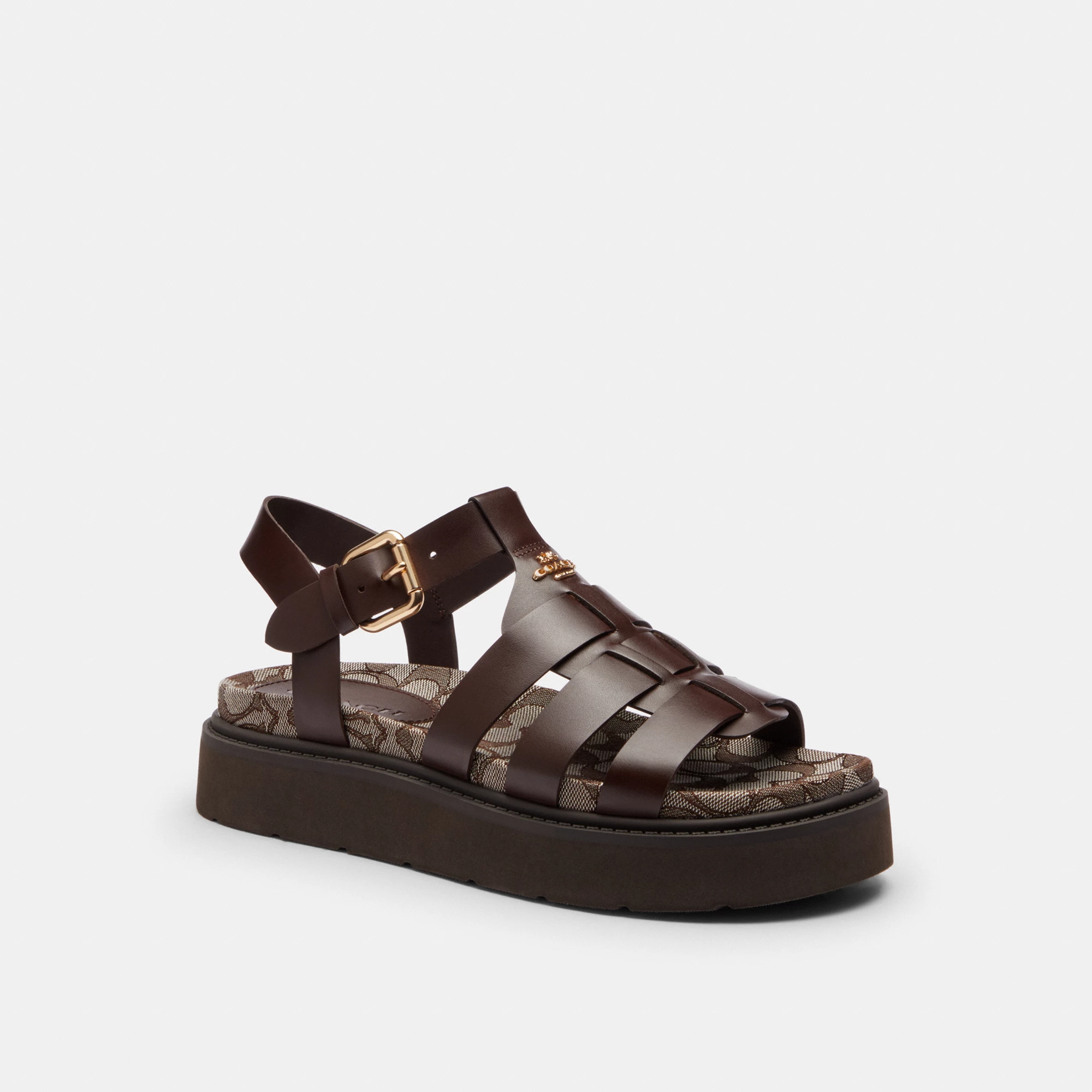 COACH®,Lucy Lug Sole Sandal In Signature Jacquard,Brown,Front View