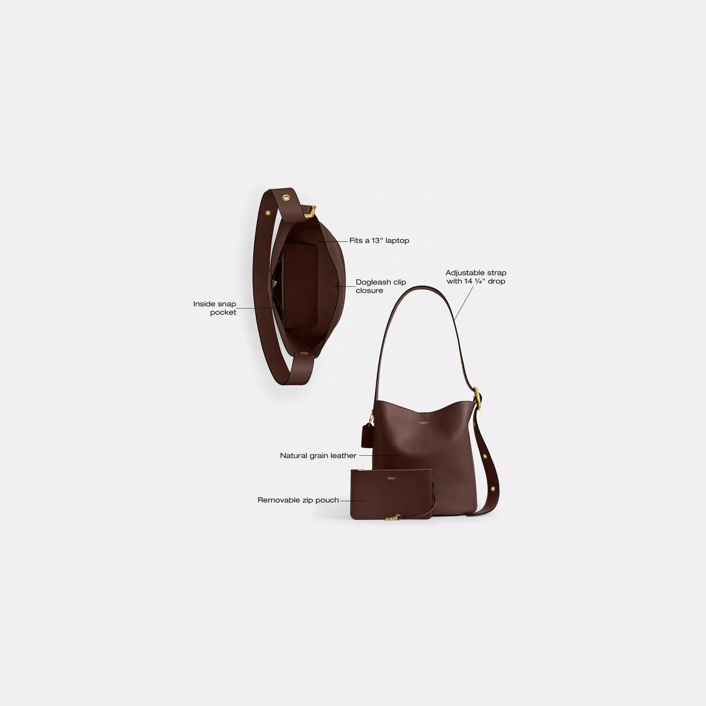 COACH®,Bleecker Bucket Bag,Leather,Bucket,Adjustable,Gold Metal,Casual,Brown