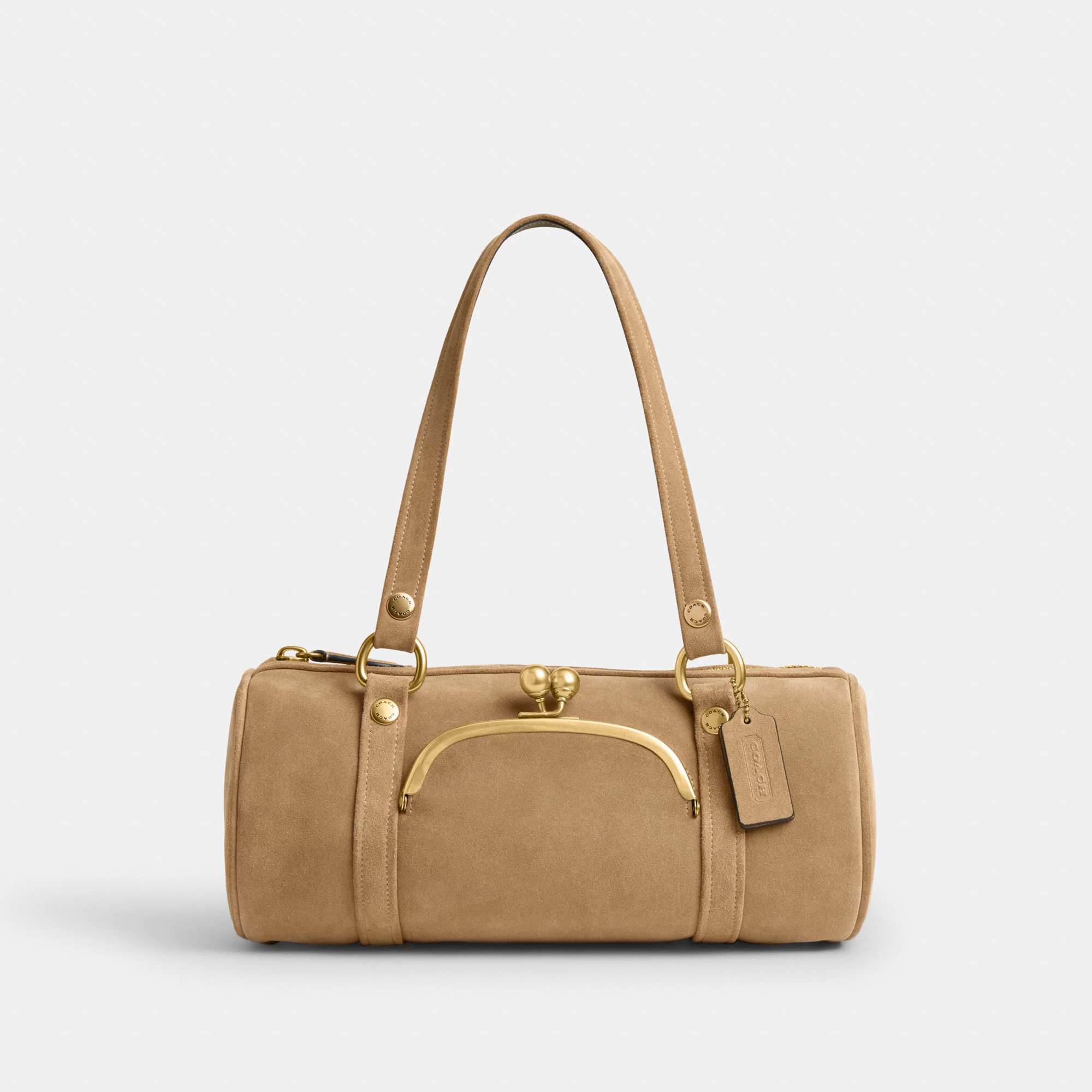 COACH®,Kisslock Barrel Bag,Lining Cotton Knit,Lining Cotton,Suede,Barrel Bag,Pendant,Brass,Day Party,Beige,Front View