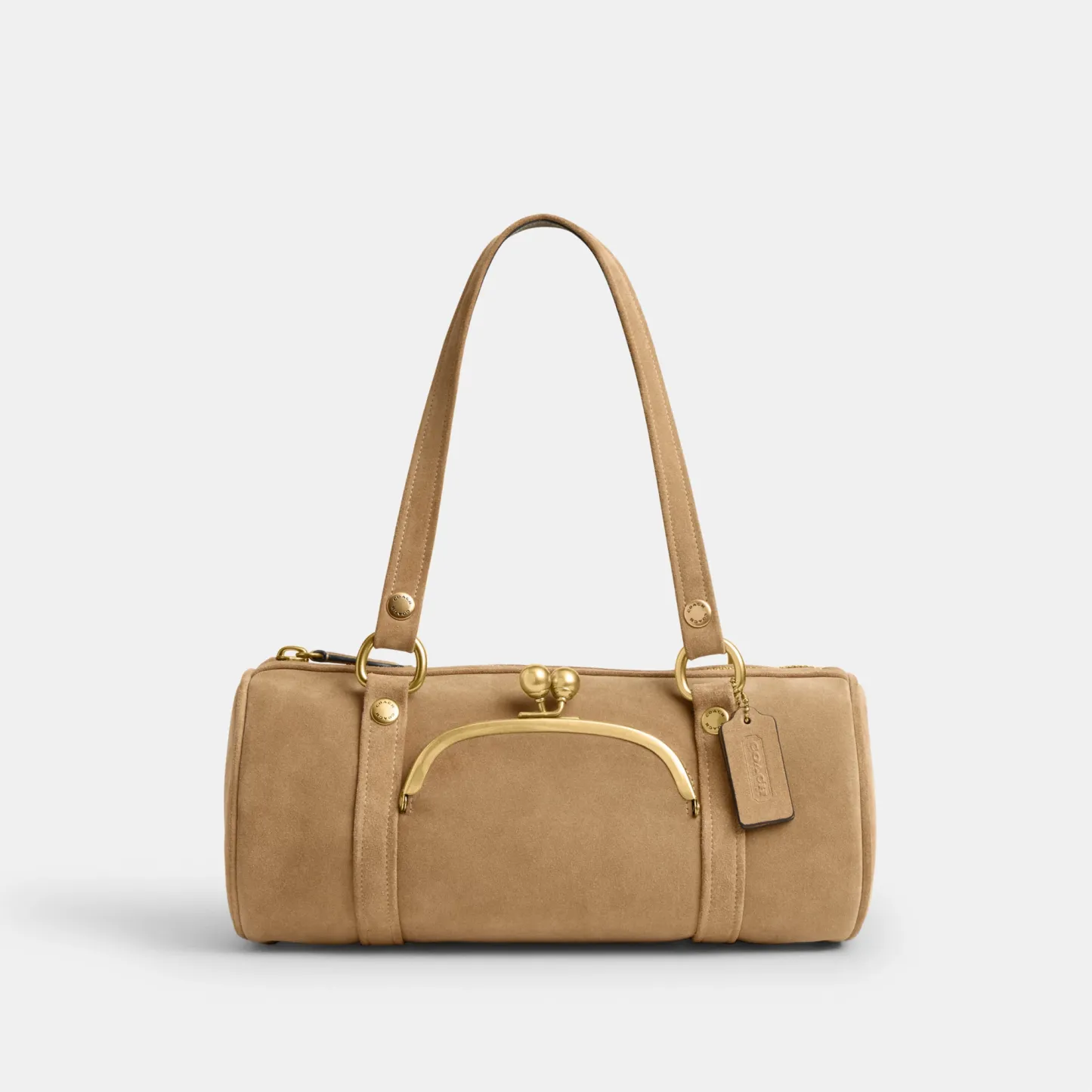 COACH®,Kisslock Barrel Bag,Lining Cotton Knit,Lining Cotton,Suede,Barrel Bag,Pendant,Brass,Day Party,Beige,Front View