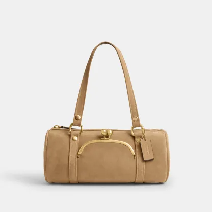 COACH®,Kisslock Barrel Bag,Lining Cotton Knit,Lining Cotton,Suede,Barrel Bag,Pendant,Brass,Day Party,Beige,Front View