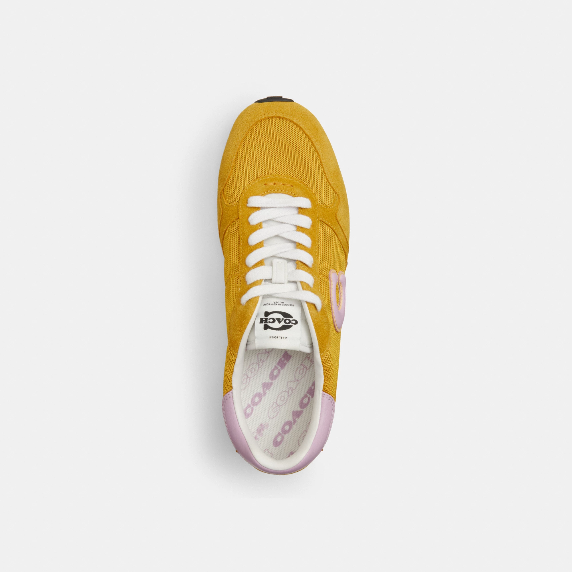 COACH®,Retro Runner,Rubber,Recycled Polyester,Mesh,Suede,Activewear,Fabric,Logo,Color Block,Sustainable,Pull Tab,Breathabl...,Mustard,Inside View,Top View