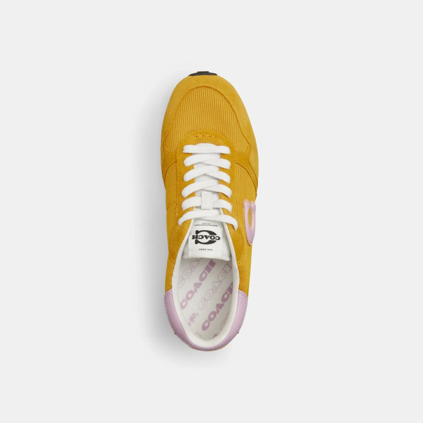 COACH®,Retro Runner,Rubber,Recycled Polyester,Mesh,Suede,Activewear,Fabric,Logo,Color Block,Sustainable,Pull Tab,Breathabl...,Mustard,Inside View,Top View