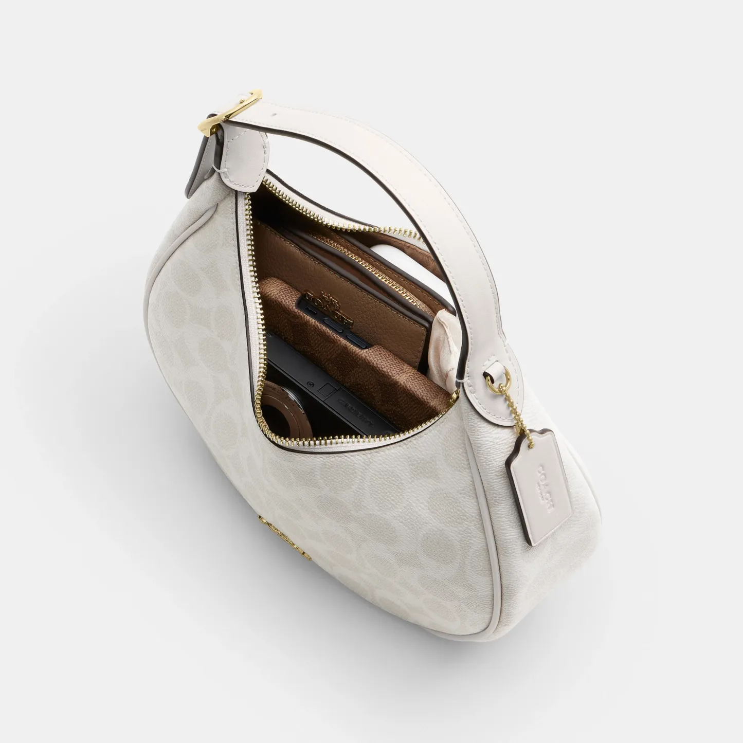 COACH®,Emily Shoulder Bag In Signature Canvas,Leather,Recycled Polyester,Canvas,Shoulder Bag,Metal,Pendant,Piping,Logo,Sus...,White,Inside View,Top View