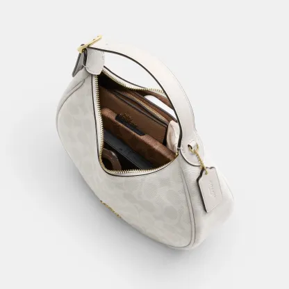 COACH®,Emily Shoulder Bag In Signature Canvas,Leather,Recycled Polyester,Canvas,Shoulder Bag,Metal,Pendant,Piping,Logo,Sus...,White,Inside View,Top View