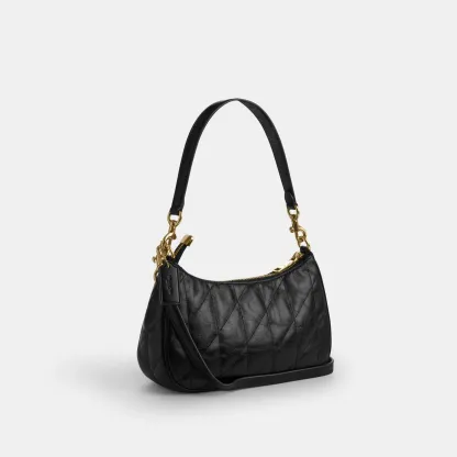 COACH®,Teri Shoulder Bag With Quilting,Recycled Polyester,Leather,Shoulder Bag,Metal,Logo,Silver Metal,Casual,Black,Angle View