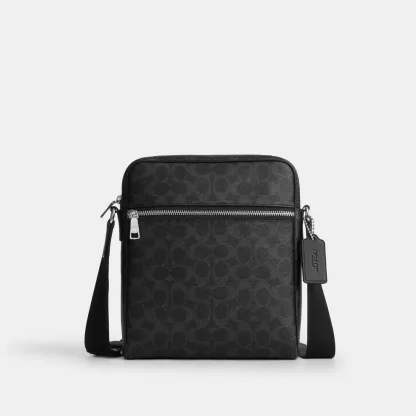 COACH®,Tristan Crossbody Bag 22 In Signature Canvas,Recycled Polyester,Canvas,Leather,Crossbody,Logo,Adjustable,Silver Met...,Black,Front View