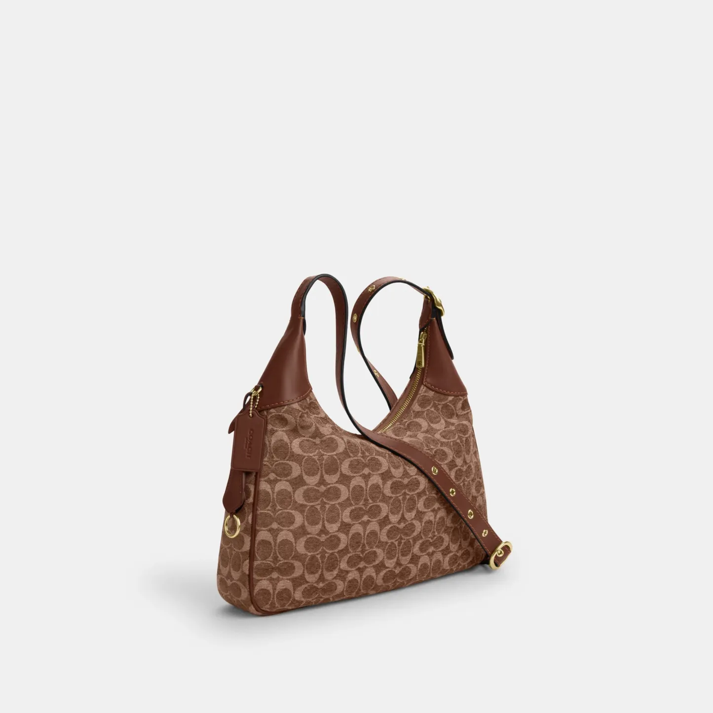 COACH®,Ella Shoulder Bag In Signature Chenille,Mixed Media,Leather,Crossbody,Word Embellishment,Logo,Metal,Lined,Adjustabl...,Brown,Angle View