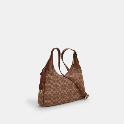 COACH®,Ella Shoulder Bag In Signature Chenille,Mixed Media,Leather,Crossbody,Word Embellishment,Logo,Metal,Lined,Adjustabl...,Brown,Angle View