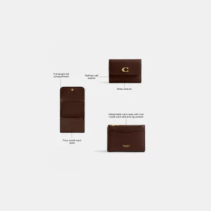 COACH®,Essential Card Holder Wallet,Leather,Calfskin Leather,Card Case,Bi Fold,Logo,Metal,Casual,Brown