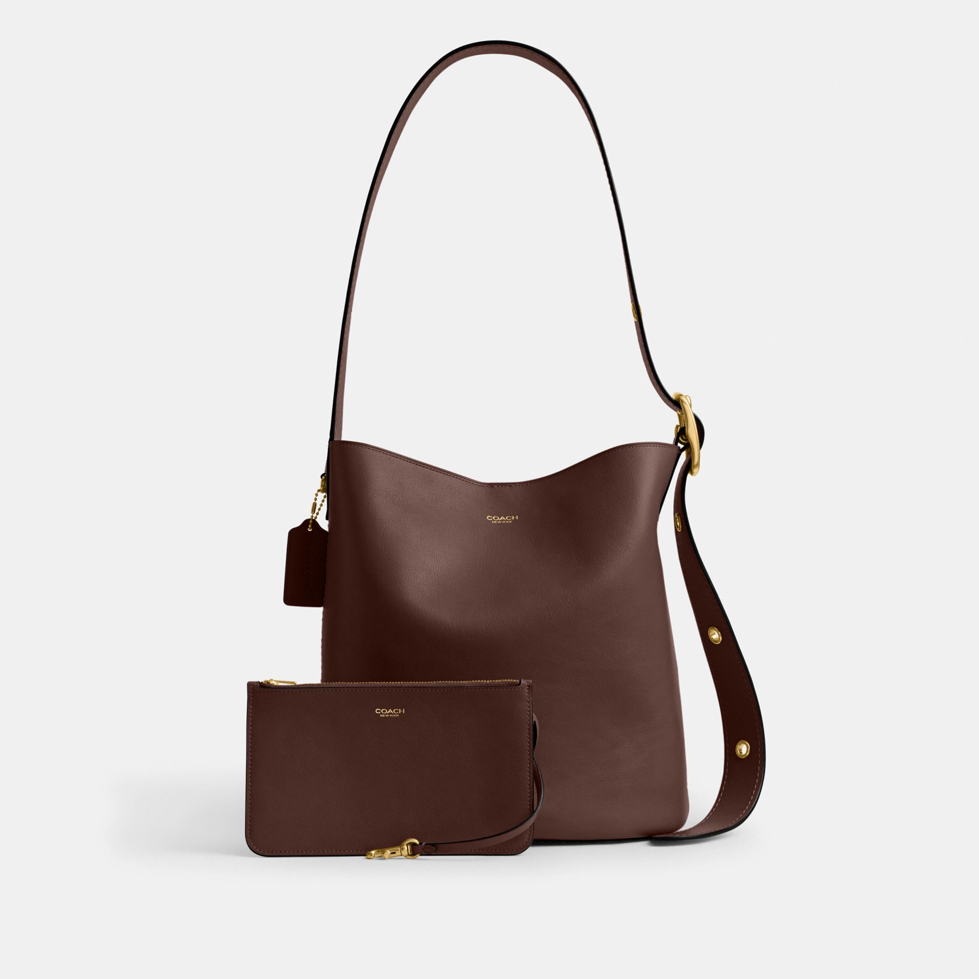 COACH®,Bleecker Bucket Bag,Leather,Bucket,Adjustable,Gold Metal,Casual,Brown,Angle View