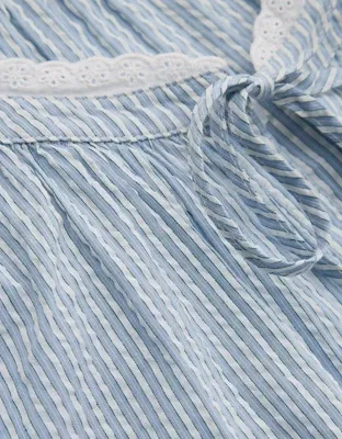 Aerie Seersucker Long Sleeve Volume Tie Top - Monaco Blue