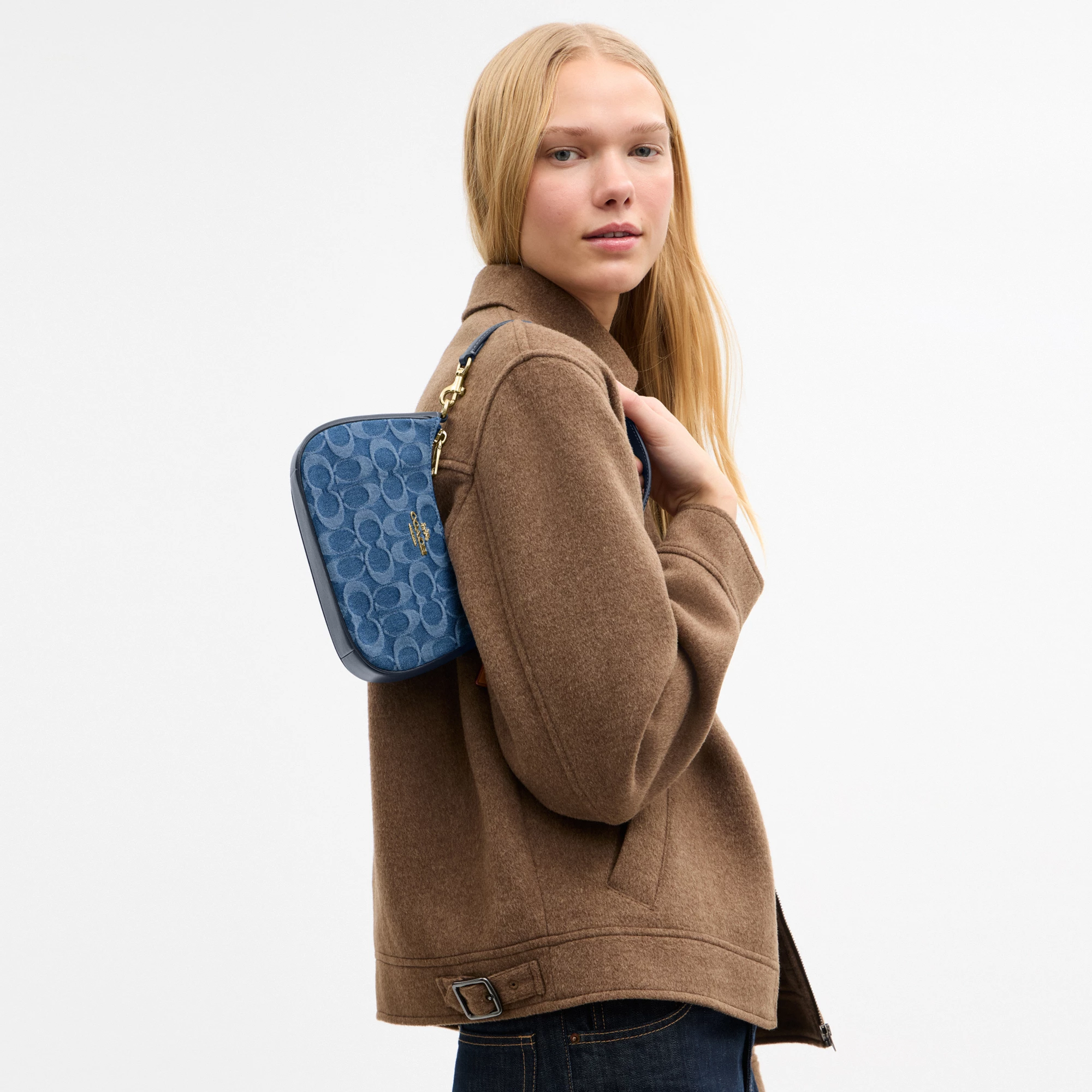 COACH®,Teri Mini Crossbody Bag In Signature Denim,Cotton,Denim,Leather,Shoulder Bag,Metal,Logo,Casual,Navy,Detail View
