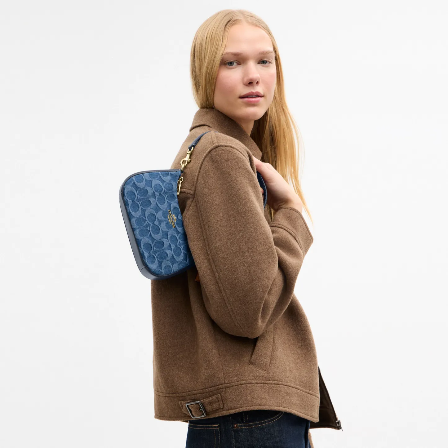 COACH®,Teri Mini Crossbody Bag In Signature Denim,Cotton,Denim,Leather,Shoulder Bag,Metal,Logo,Casual,Navy,Detail View
