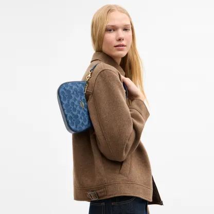 COACH®,Teri Mini Crossbody Bag In Signature Denim,Cotton,Denim,Leather,Shoulder Bag,Metal,Logo,Casual,Navy,Detail View