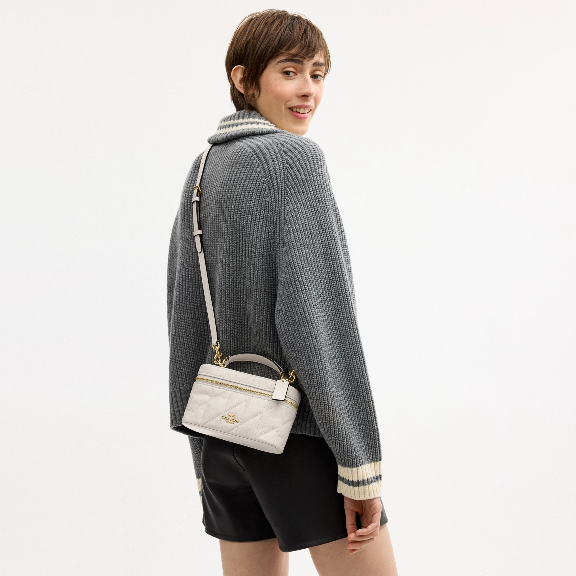 COACH®,Rainer Crossbody Bag 18 With Quilting,Recycled Polyester,Leather,Crossbody,Logo,Quilted,Sustainable,Adjustable,Gold...,White