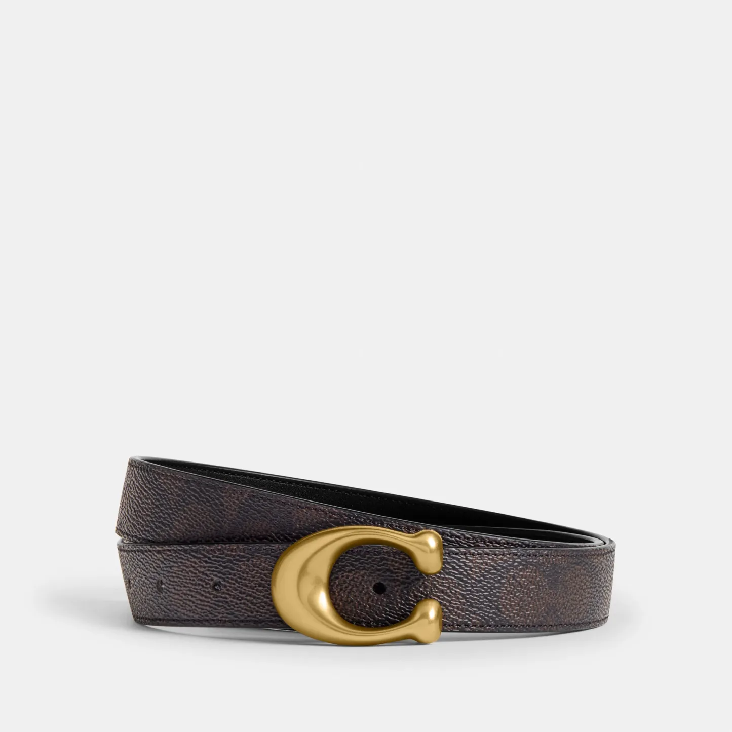COACH®,Sculpted C Buckle Reversible Belt, 25 Mm,Canvas,Leather,Standard,Logo,Metal,Reversible,Brass Gold,Gold Metal,Casual,Black,Brown,Front View