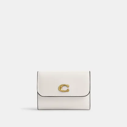 COACH®,Essential Card Holder Wallet,Leather,Calfskin Leather,Card Case,Bi Fold,Logo,Metal,Casual,White,Front View