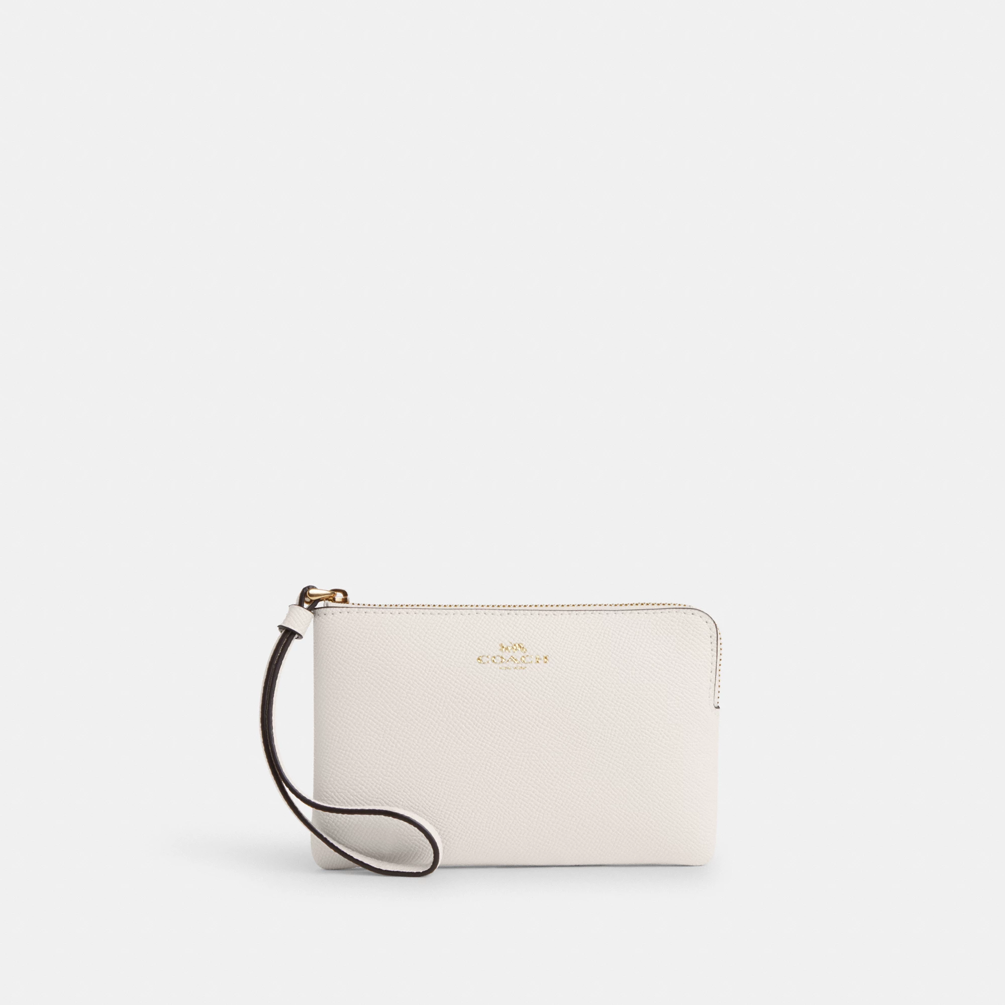 COACH®,Corner Zip Wristlet,Leather,Pouch,Wristlet,Word Embellishment,Logo,White,Front View